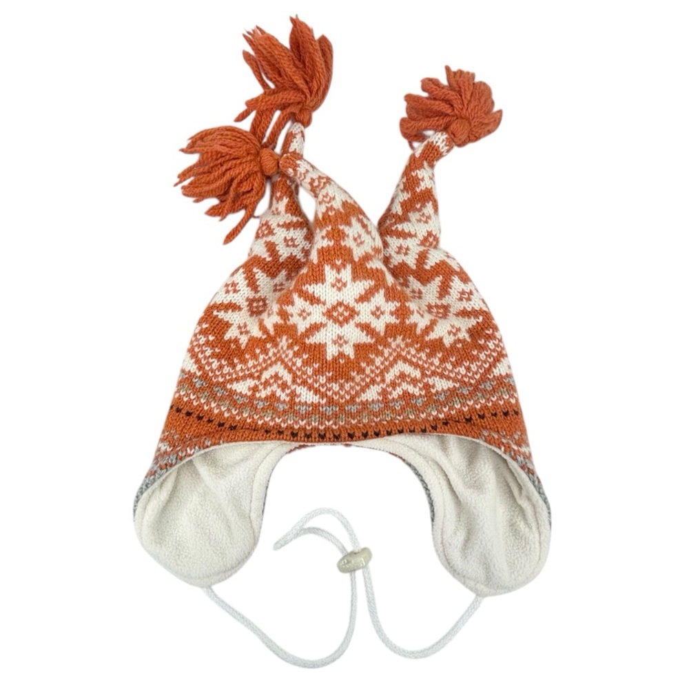 Levandi Orange & White Knit Nordic Print 3 Tassel Kids Earflap Cinch Toque